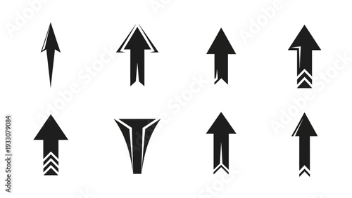 Set of Black Arrows Icons, Directional Symbols, Upward Movement, Navigation and Design Elements
