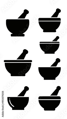 Set of Black Mortar and Pestle Icons, Pharmaceutical and Culinary Tools