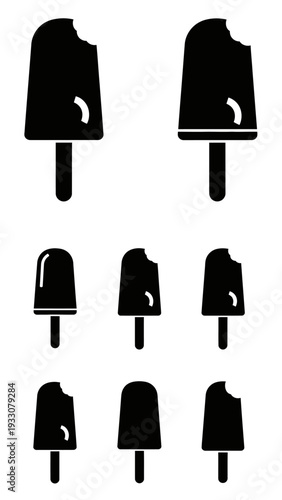 Set of black popsicle icons on white background, representing summer treats and frozen desserts.