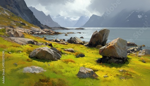 Vista panorâmica de fiordes com rochas imponentes, grama amarela vibrante e montanhas escarpadas sob um céu nublado em uma paisagem nórdica serena.