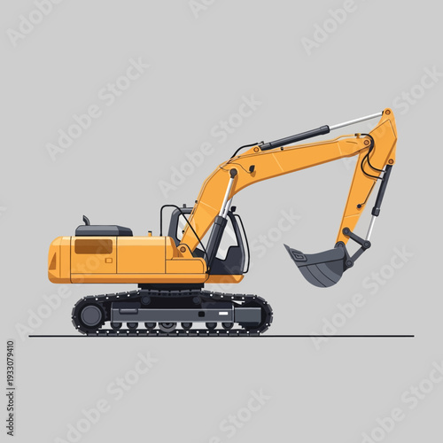 Yellow excavator with bucket on tracks, construction vehicle, heavy machinery, industrial equipment
