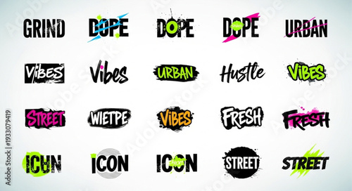 Collection of urban and street style words and phrases in various fonts and designs.