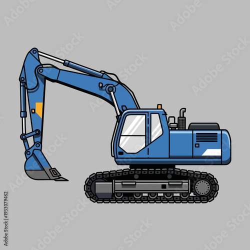 Blue excavator construction vehicle with tracks on a gray background