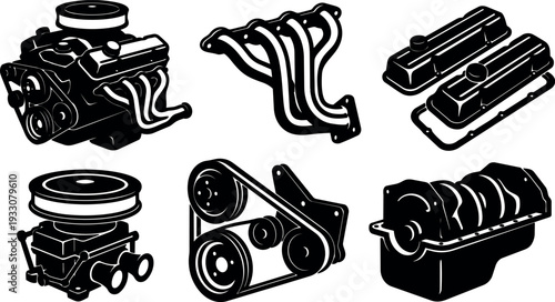 Vector art automotive engine parts set close up flat stencil icons crankshaft manifold valve cover pulley assembly detailed black silhouette