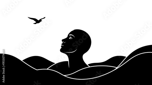 Silhouette of a person emerging from dark water with a bird flying overhead