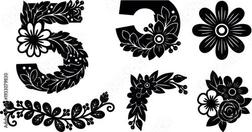 Folk art floral vector number five and decorative corner ornaments black silhouette close up ornamental leaf flower composition graphic elements