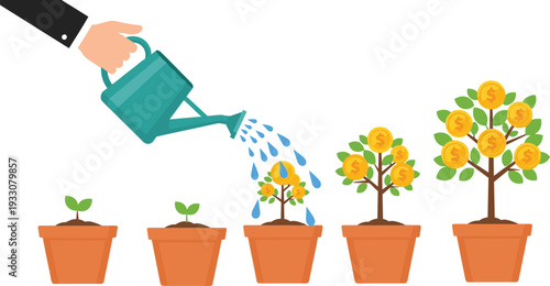 Illustration of potted plants growing from seedlings to mature money trees with coins, symbolizing investment, financial growth, business success, and personal development concept