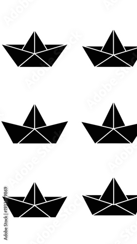 Six Black Paper Origami Boats Arranged in Three Rows on White Background