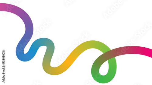 A vibrant flowing ribbon of rainbow colors curves across a stark black background creating a visually striking abstract design high-quality