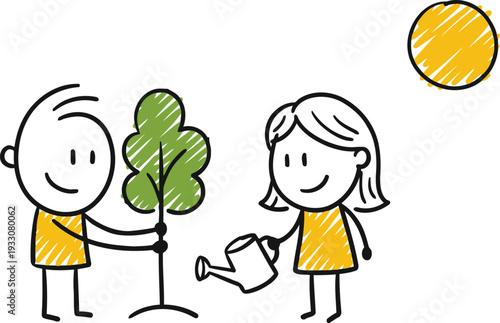 Two cheerful stick figures collaborate to plant and nurture a young tree under a bright sun