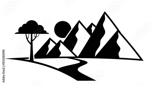 Stylized Mountain Range with Winding River, Tree, and Sun Silhouette