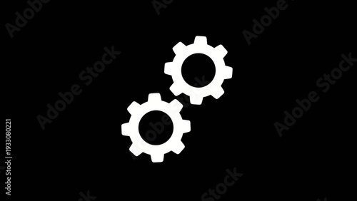 Two white gears meshing on a black background, symbolizing teamwork and industry.