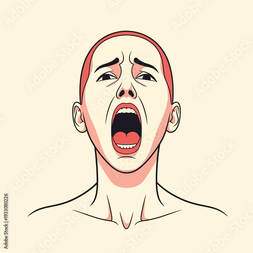 Bald Person Yelling Open Mouth Wide in Distress, Emotion, Pain, Scream, Shock, Fear