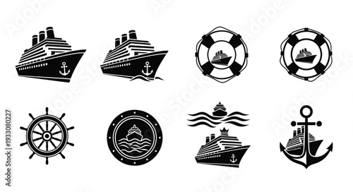 Collection of nautical themed illustrations in black and white, perfect for design.