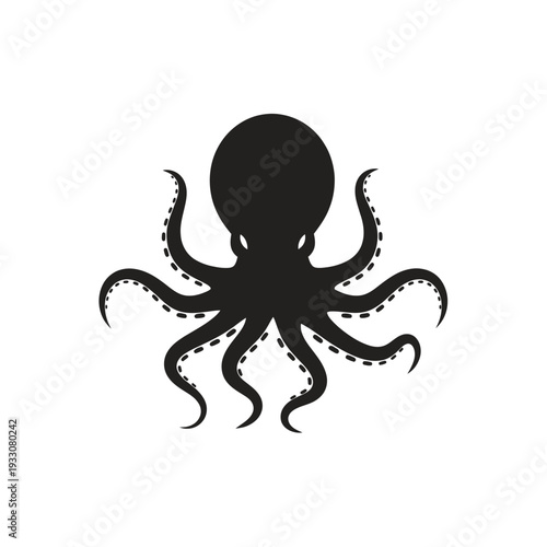 Black Silhouette of an Octopus with Eight Tentacles on a White Background