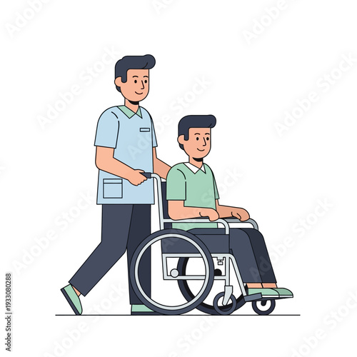 Caregiver pushing a man in a wheelchair, providing assistance and support