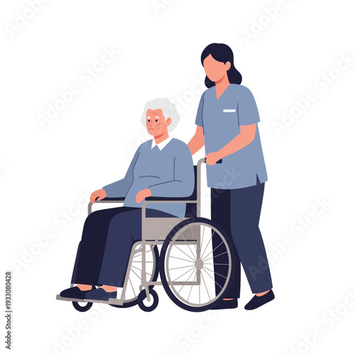 Caring nurse pushing elderly woman in wheelchair, healthcare, support, assistance, home care