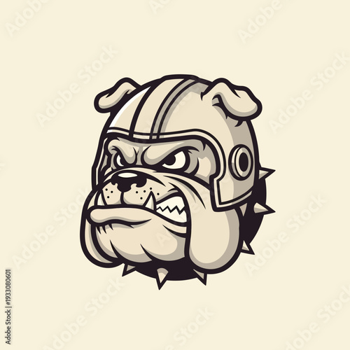 Aggressive Bulldog Mascot Head Wearing Helmet and Spikes, Fierce Warrior Dog