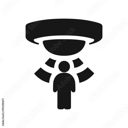 Security camera scanning a person with sensors, surveillance, monitoring, black solid icon vector illustration.