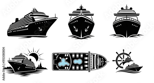 Cruise ship illustrations in various views, perfect for travel and maritime themes.
