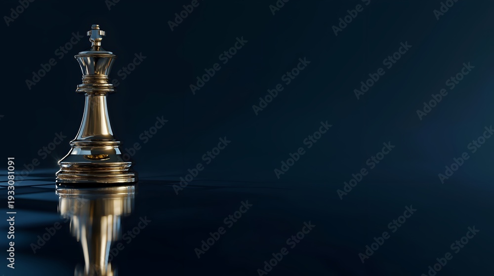 Obraz premium A close-up of a golden chess king piece reflecting against a dark background, symbolizing strategy and competition.