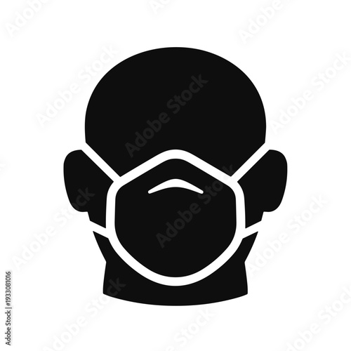 Person with medical mask, protection, health, virus prevention, black solid icon vector illustration.