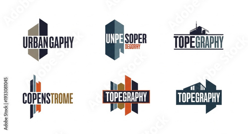 Urban and architectural logos with geometric designs and typography for branding and identity.