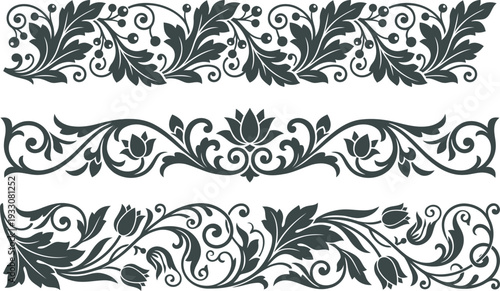 Elegant monochromatic decorative borders featuring ornate floral and leaf patterns provide classic design elements