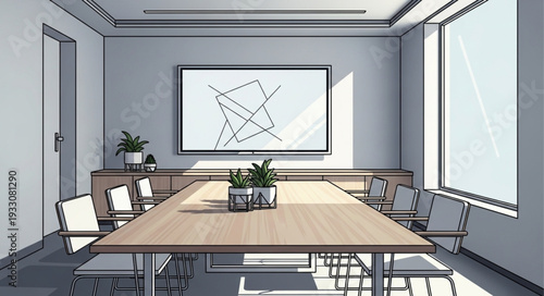 Modern conference room with a large table and presentation screen.