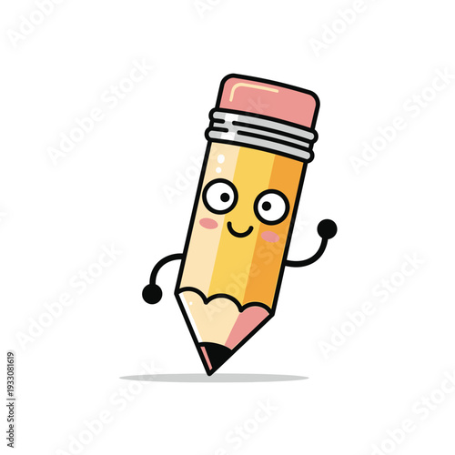 Cute cartoon pencil character waving hello with a happy face, isolated on white background