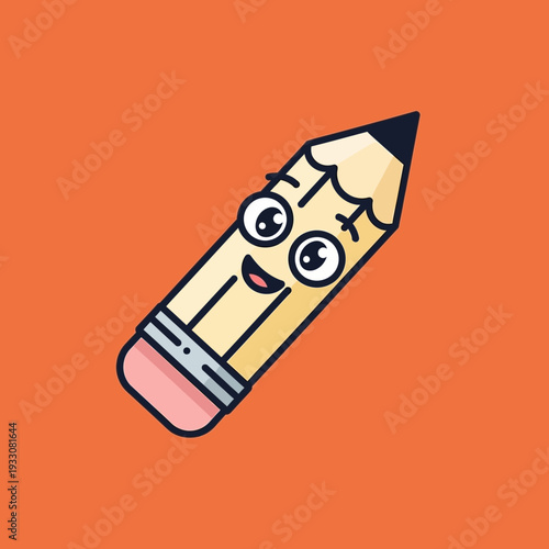 Cute cartoon pencil character with a happy face, winking, isolated on orange background
