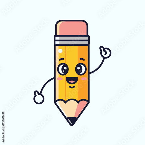 Cute cartoon pencil character waving hello, happy face, education, school supplies, drawing, creativity