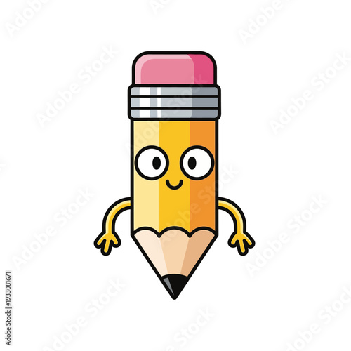 Cute cartoon pencil character with happy face and arms, isolated on white background