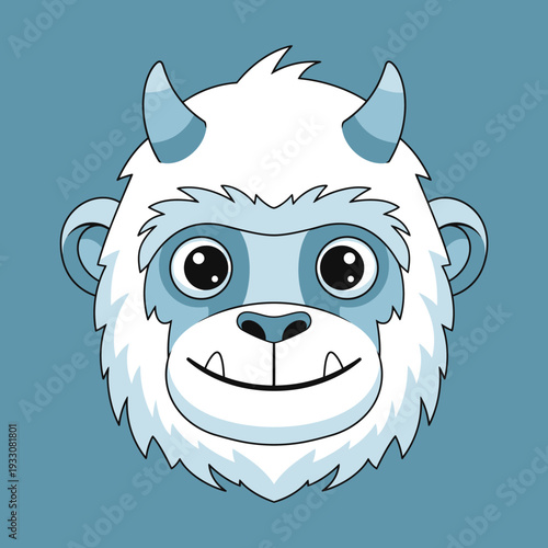 Cute Cartoon Yeti Face with Horns and Big Eyes, Friendly Monster Illustration
