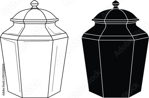 Classic Hexagonal Ceramic Ginger Jar or Funeral Urn Vector Set in Outline and Solid Black Silhouette Style for Home Decor, Storage, or Memorial Designs