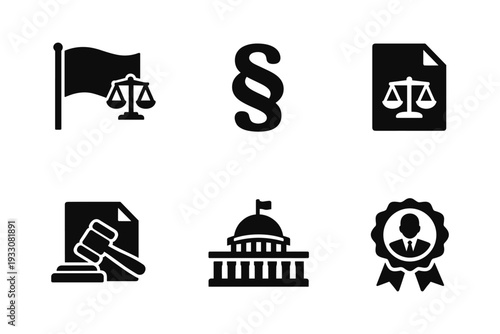 Law and justice icons set, flag, scales, legal document, court, solid black icon set vector illustration