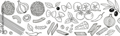 Hand drawn Italian food ingredients vector illustration set. Pasta, vegetables, and cheese sketch border design elements.