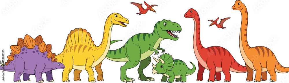 Fototapeta premium Cartoon Dinosaur Collection Featuring T-Rex, Stegosaurus, Brachiosaurus, Triceratops, and Pterodactyl for Kids Designs