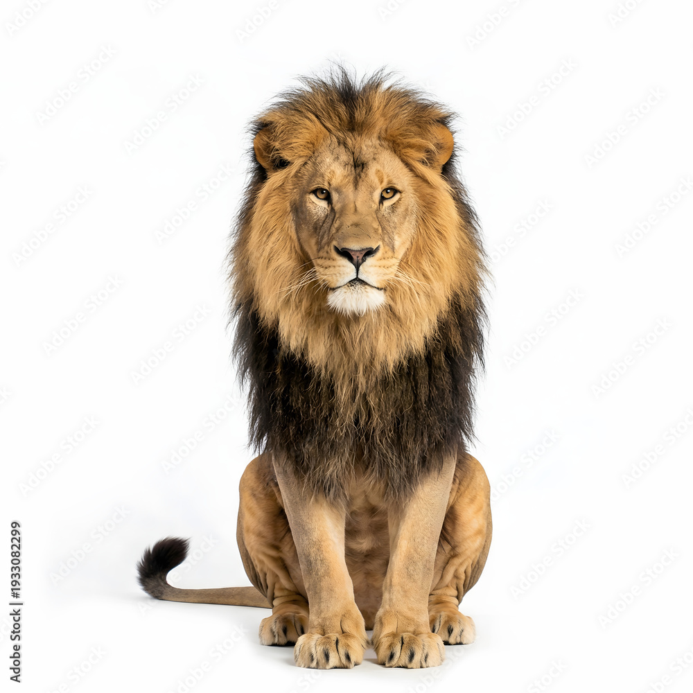 Obraz premium Male Lion Isolated On White Background Big Male Lion Sitting Lion Photography Lion White Background