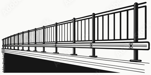 A long, empty train platform with a fence and a shadowed ground Vector