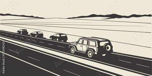 A line of vehicles traveling on a highway with a scenic mountain backdrop Vector