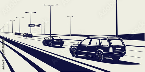 Cars driving on a divided highway with traffic lights and street lamps Vector