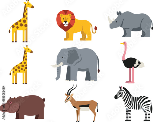Cartoon Safari Animals Collection Including Giraffes, Lions, Rhinos, Elephants, Ostriches, and Zebras for Kids and Educational Designs