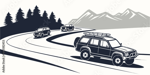 A car drives along a winding mountain road with a scenic view of trees and mountains. Vector