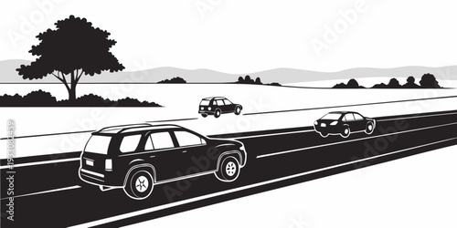 A line of vehicles waiting patiently at a traffic stop in a rural setting. Vector