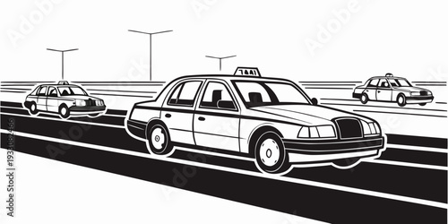 A fleet of taxis waiting in a line at a busy intersection in a city. Vector