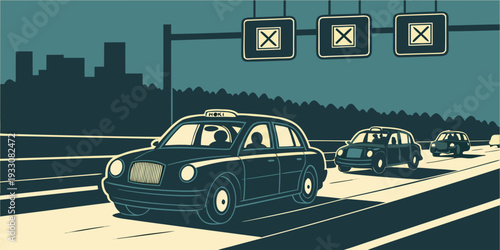 A bustling city intersection with cars and traffic lights glowing in the evening Vector