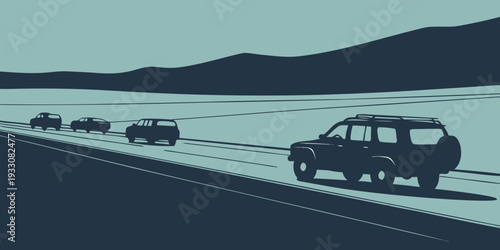 A row of cars driving on a highway with a scenic mountain backdrop. Vector