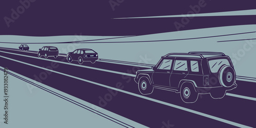 A convoy of green military vehicles travels along a winding road in a mountainous area. Vector