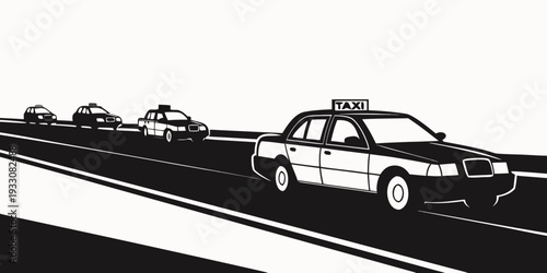 Police cars and motorcycles in pursuit on a highway with a black and white color scheme. Vector